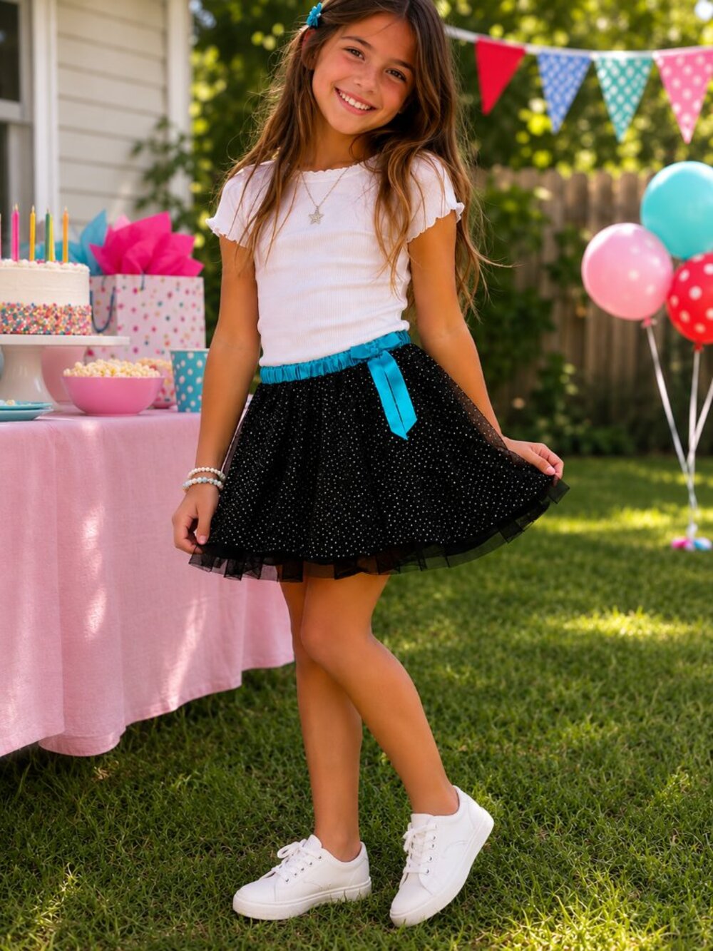 Faded Glory Girls Black Polka Dot Tulle Skirt Blue Ribbon Waist Size L 10-12